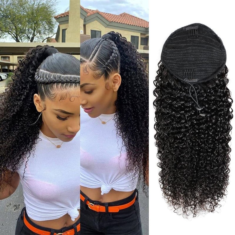 Adette 14 Inches Curly Ponytails Human Hair Drawstring Ponytail Extension Afro Kinky Curly Clip in Pony Tail Hair Extensions Hair Pieces for Black Women Natural Black